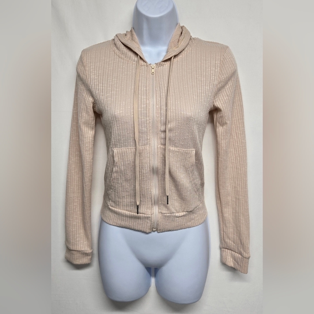 Dazy S Long Sleeve Hooded Lightweight Ribbed Jacket Sweater Zip Down Pockets